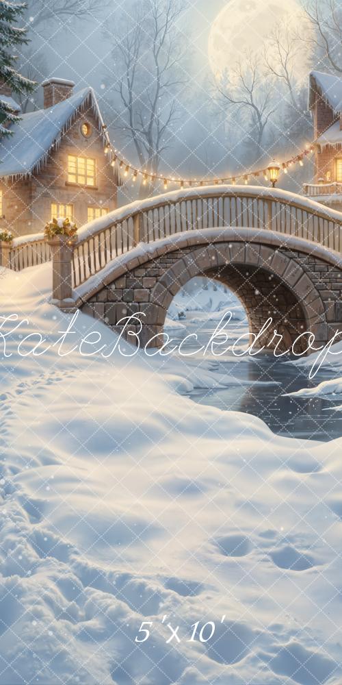 Kate Sweep Winter Stone Bridge Snowy Village Moonlight Backdrop Designed by GQ