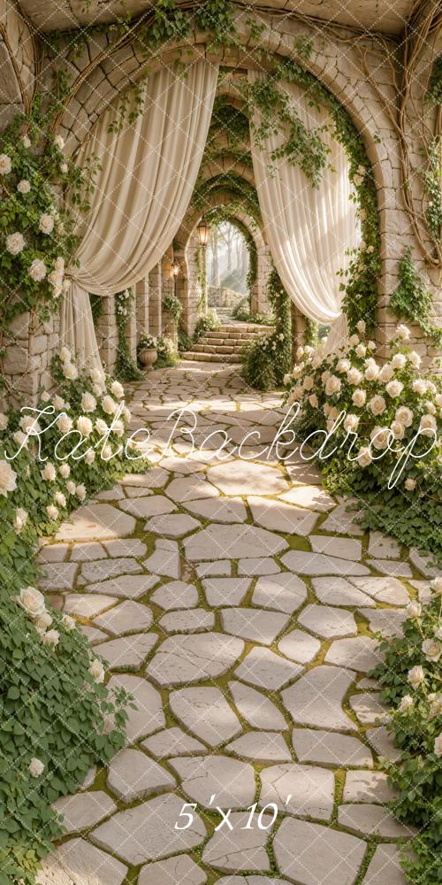 Kate Sweep Stone Archway White Roses Curtains Backdrop Designed by Emetselch