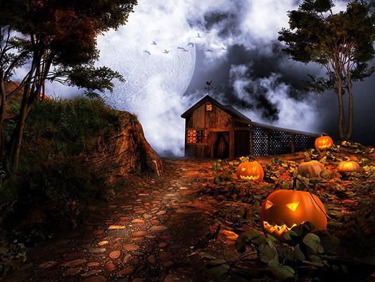 Kate Big Moon Night Pumpkin Lamps Shady huts Backdrop for Halloween Photography