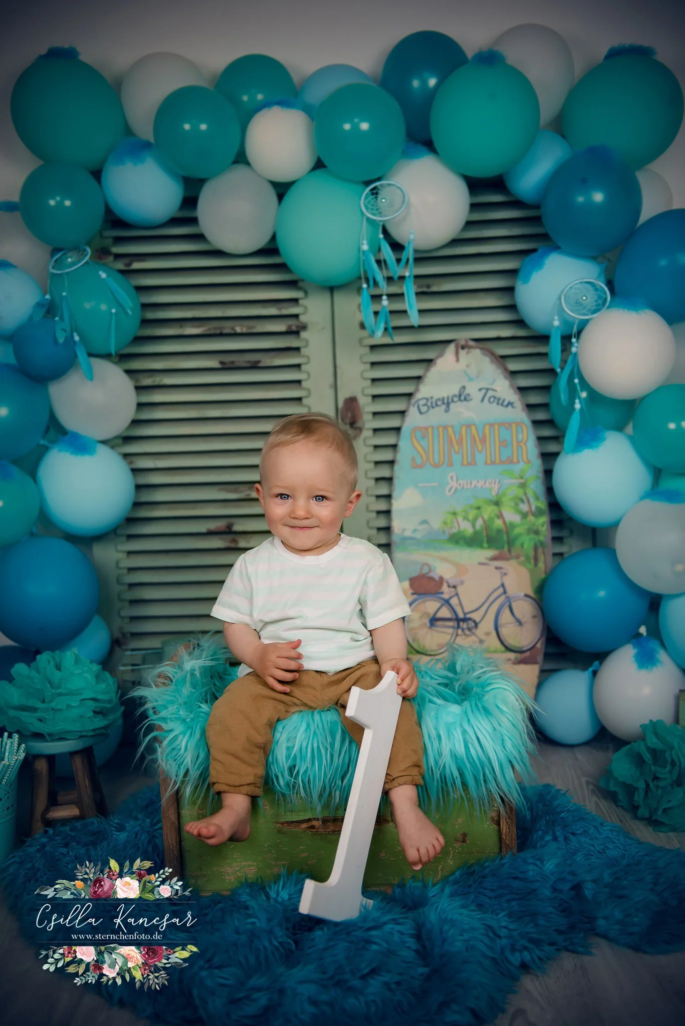 Kate Summer Backdrop Blue Balloons Surfboard Designed by Csilla Kancsar