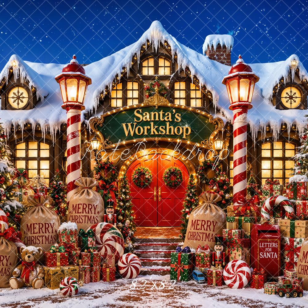 Kate Christmas Santa's Workshop Snowy Candy Cane Backdrop Designed by Emetselch - Image 5
