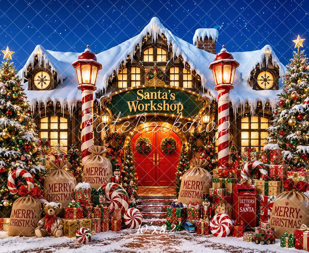 Kate Christmas Santa's Workshop Snowy Candy Cane Backdrop Designed by Emetselch - Image 6