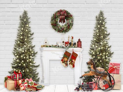 Kate Fireplace Christmas Tree White Brick Wall Backdrop Designed By JS Photography