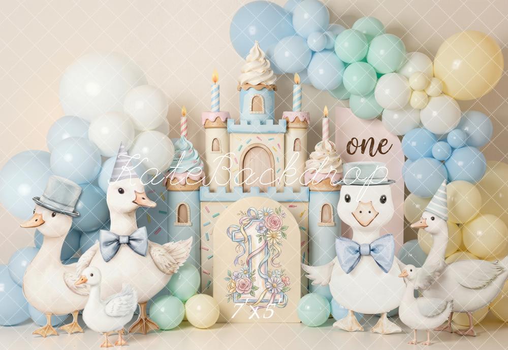 Kate 1st Birthday Castle Geese Pastel Balloons Backdrop Designed by Emetselch