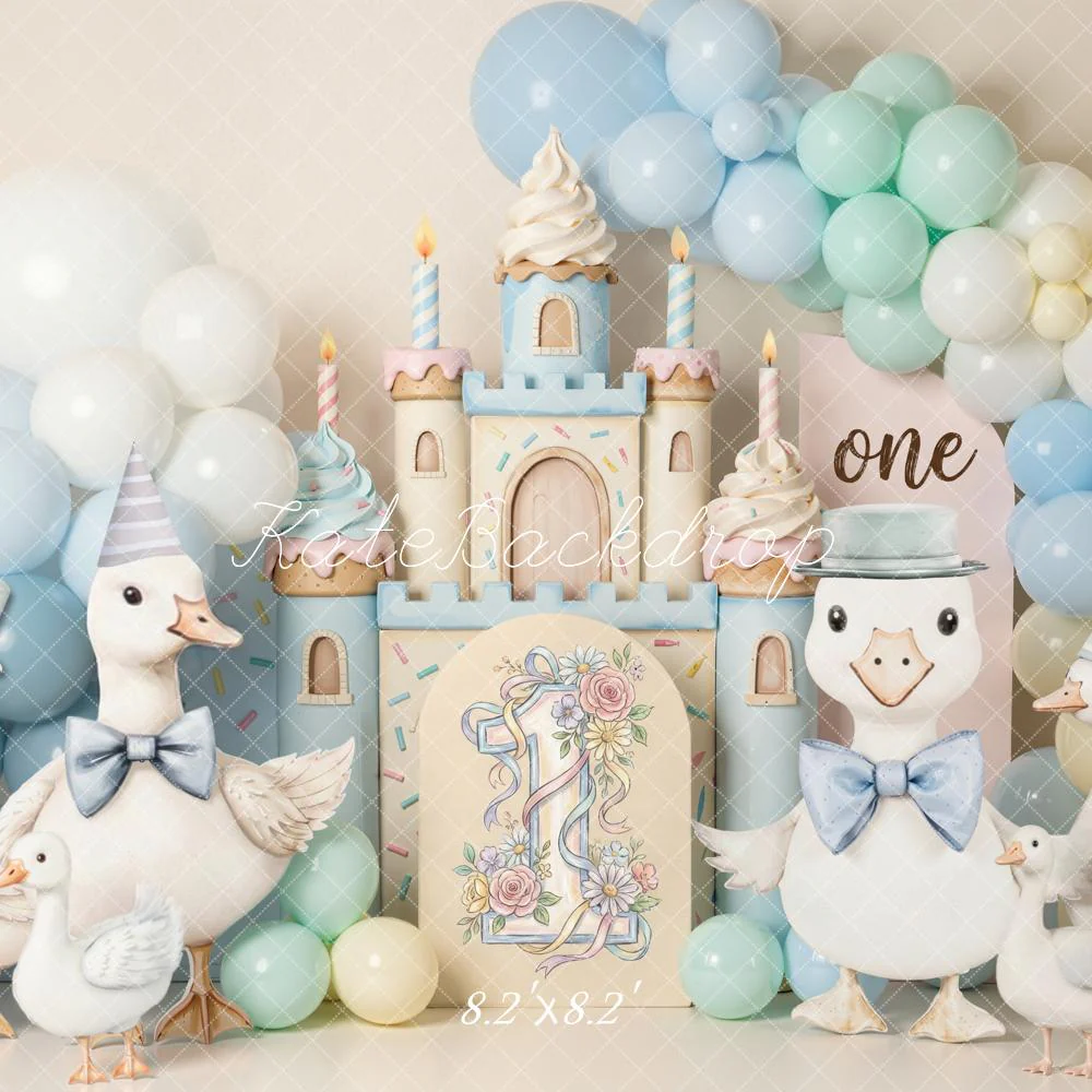 Kate 1st Birthday Castle Geese Pastel Balloons Backdrop Designed by Emetselch - Image 5