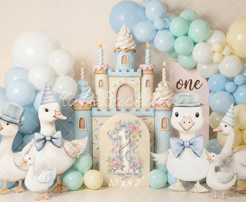 Kate 1st Birthday Castle Geese Pastel Balloons Backdrop Designed by Emetselch - Image 6