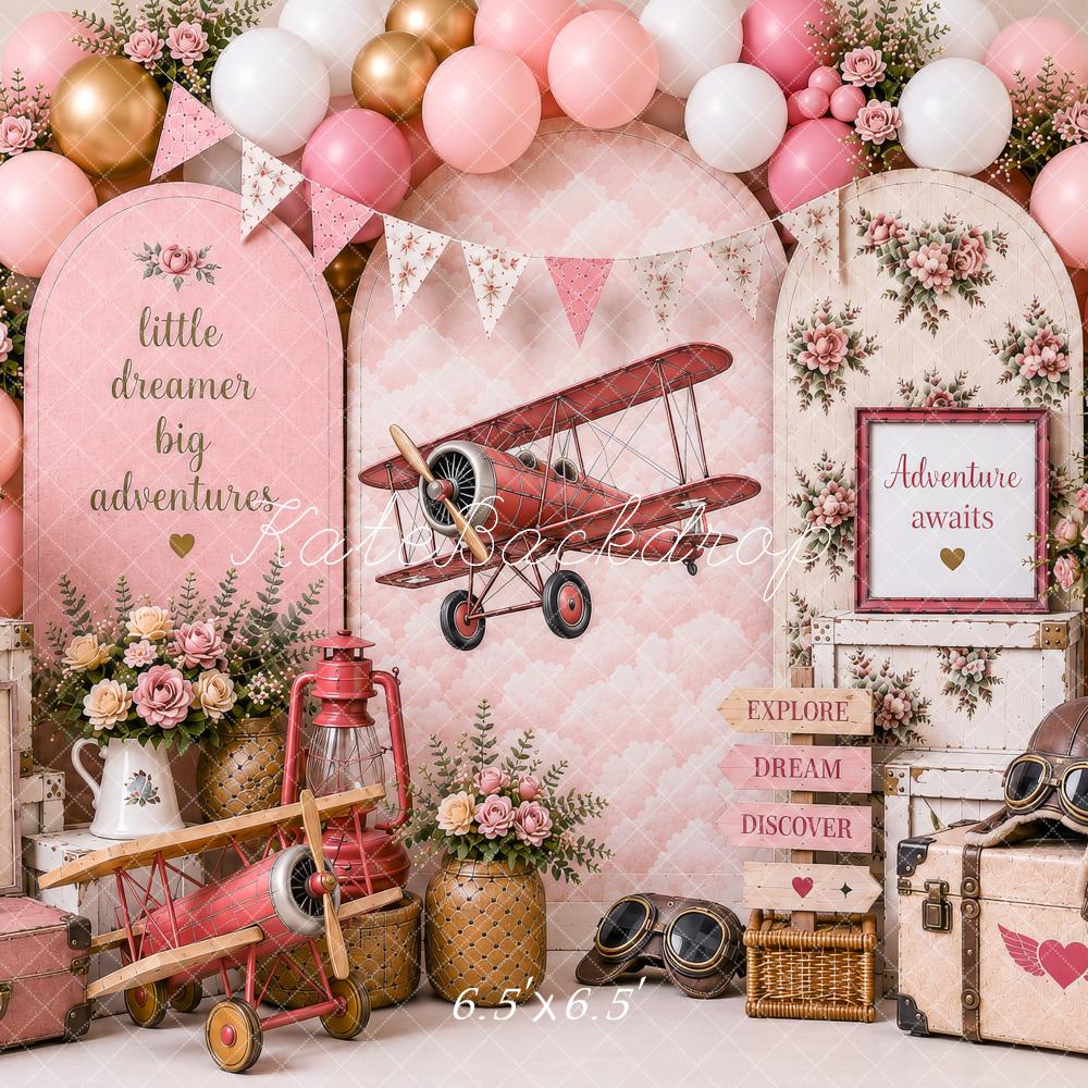 Kate Adventure Aeroplane Globe Pink Balloons Backdrop Designed by shutter swan - Image 2