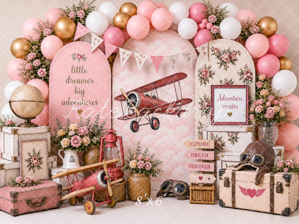 Kate Adventure Aeroplane Globe Pink Balloons Backdrop Designed by shutter swan - Image 3