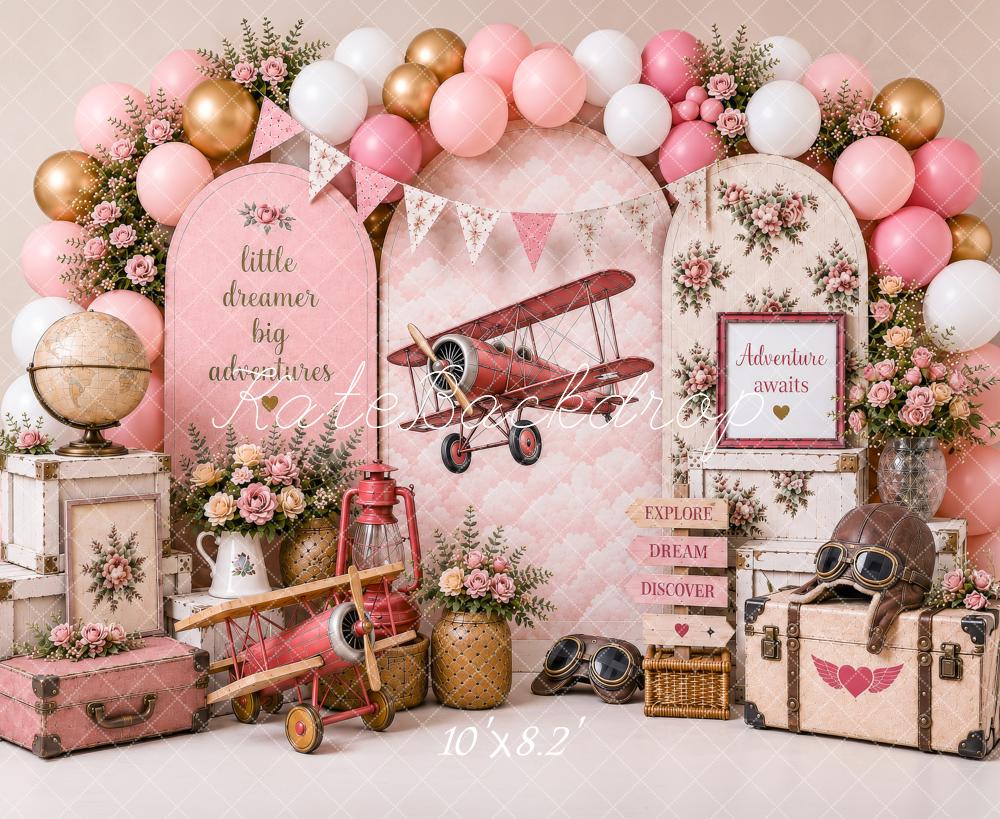 Kate Adventure Aeroplane Globe Pink Balloons Backdrop Designed by shutter swan - Image 6