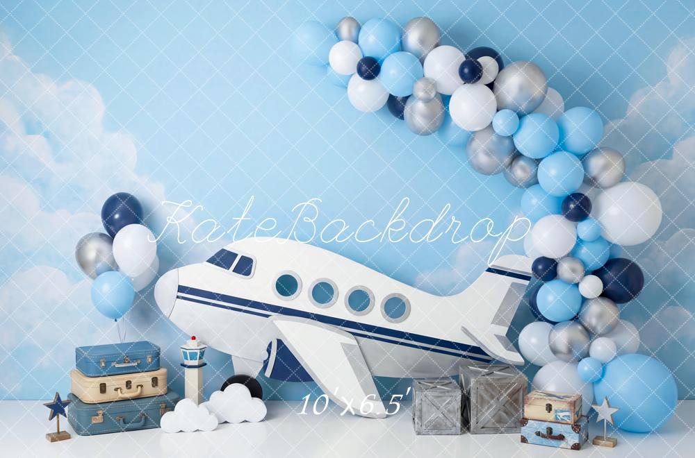 Kate Aeroplane Balloons Clouds Blue Fleece Backdrop Designed by Patty Robert - Image 2