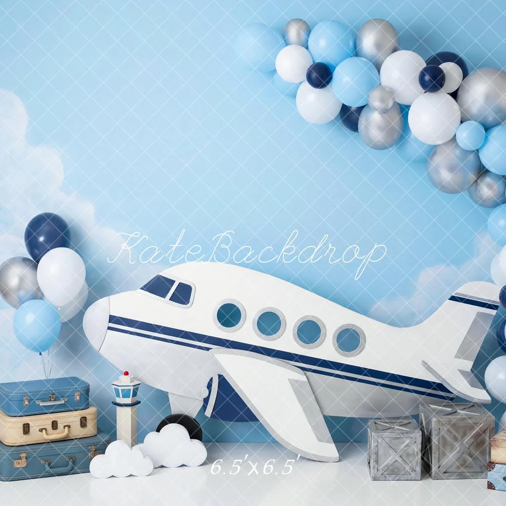Kate Aeroplane Balloons Suitcases Sky Blue Backdrop Designed by Patty Robert - Image 2