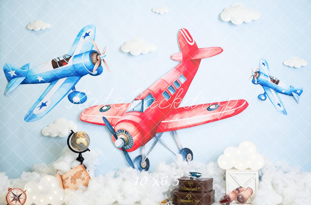 Kate Aeroplane Clouds Suitcases Blue Fleece Backdrop Designed by Megan Leigh Photography - Image 2