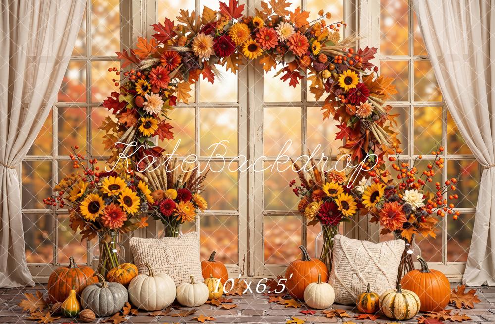 Kate Autumn Arch Pumpkins Window Fleece Backdrop Designed by Emetselch - Image 2