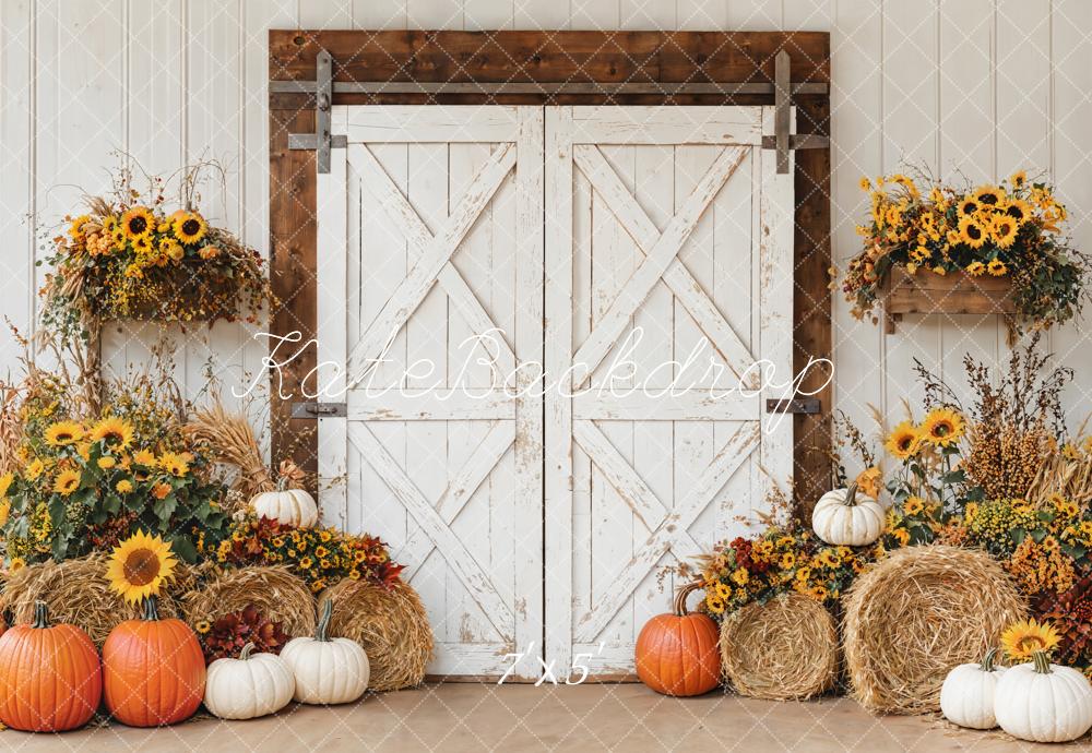 Kate Autumn Barn Door Sunflower Pumpkins Backdrop Designed by Emetselch
