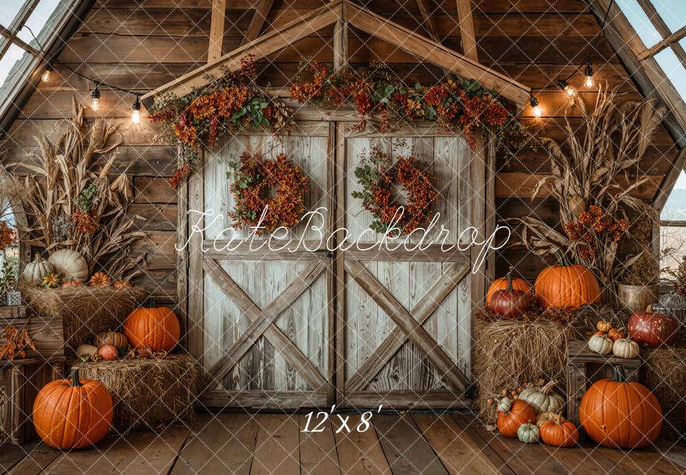 Kate Autumn Barn Pumpkins Hay Fleece Backdrop Designed by Emetselch - Image 4