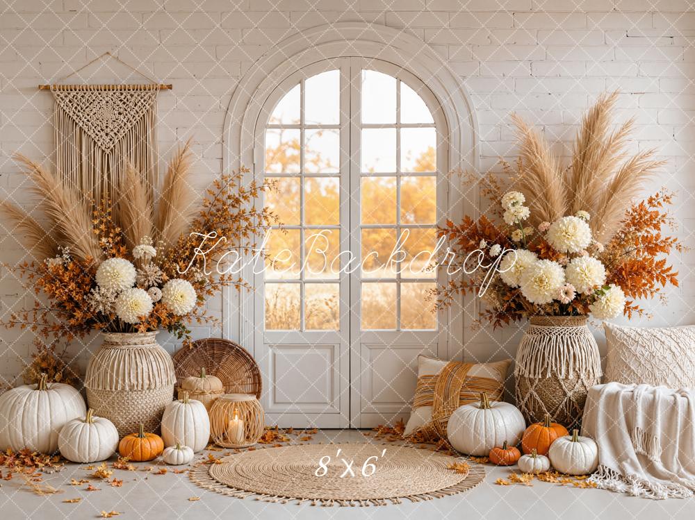 Kate Autumn Boho Pampas Pumpkins Fleece Backdrop Designed by Emetselch