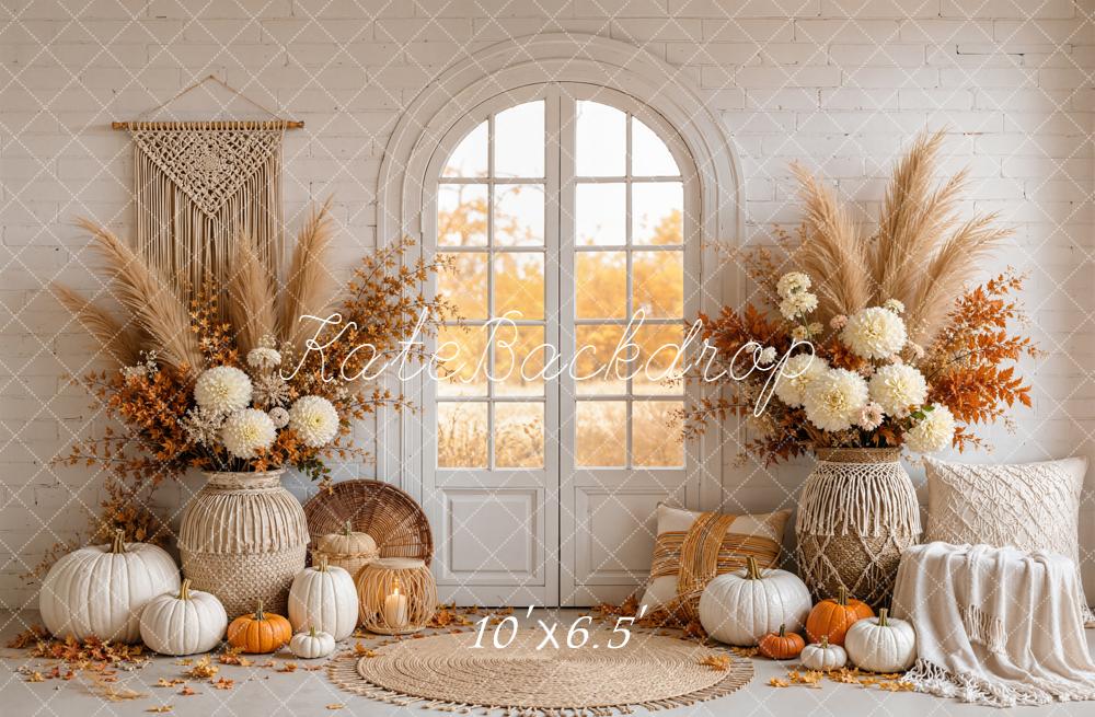 Kate Autumn Boho Pampas Pumpkins Fleece Backdrop Designed by Emetselch - Image 2