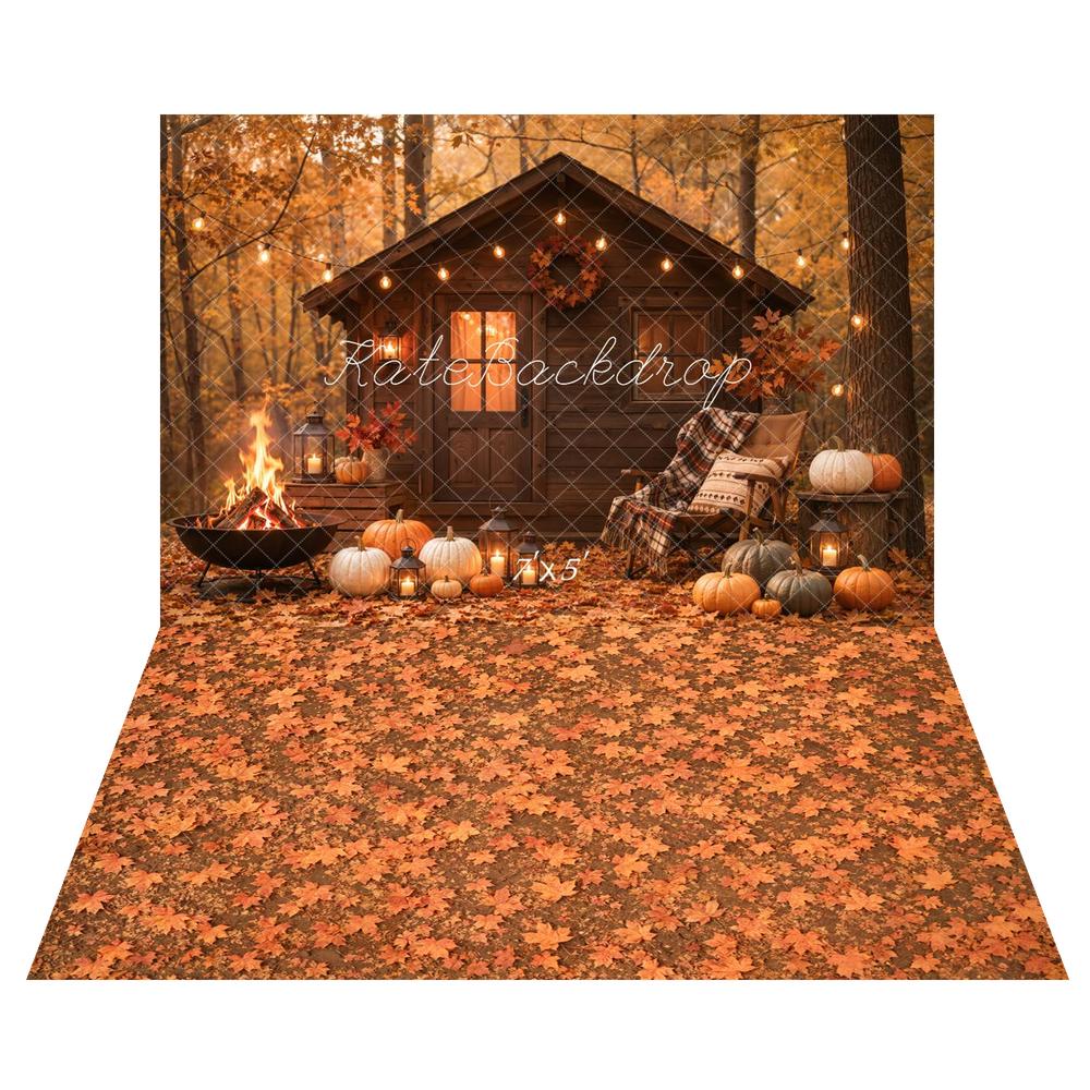 Kate Autumn Cabin Pumpkins Lanterns Backdrop+Leaves Ground Backdrop - Image 2