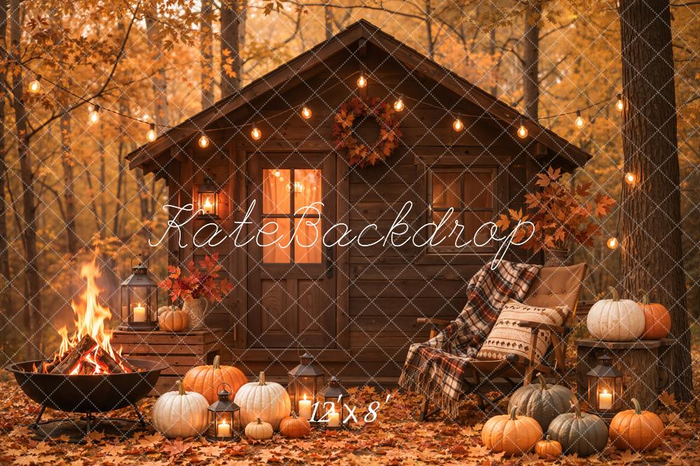 Kate Autumn Cabin Pumpkins Lanterns Fleece Backdrop Designed by Emetselch - Image 4