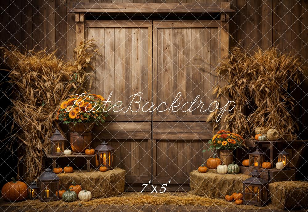 Kate Autumn Dark Brown Wooden Barn Door Pumpkin Backdrop Designed by Emetselch