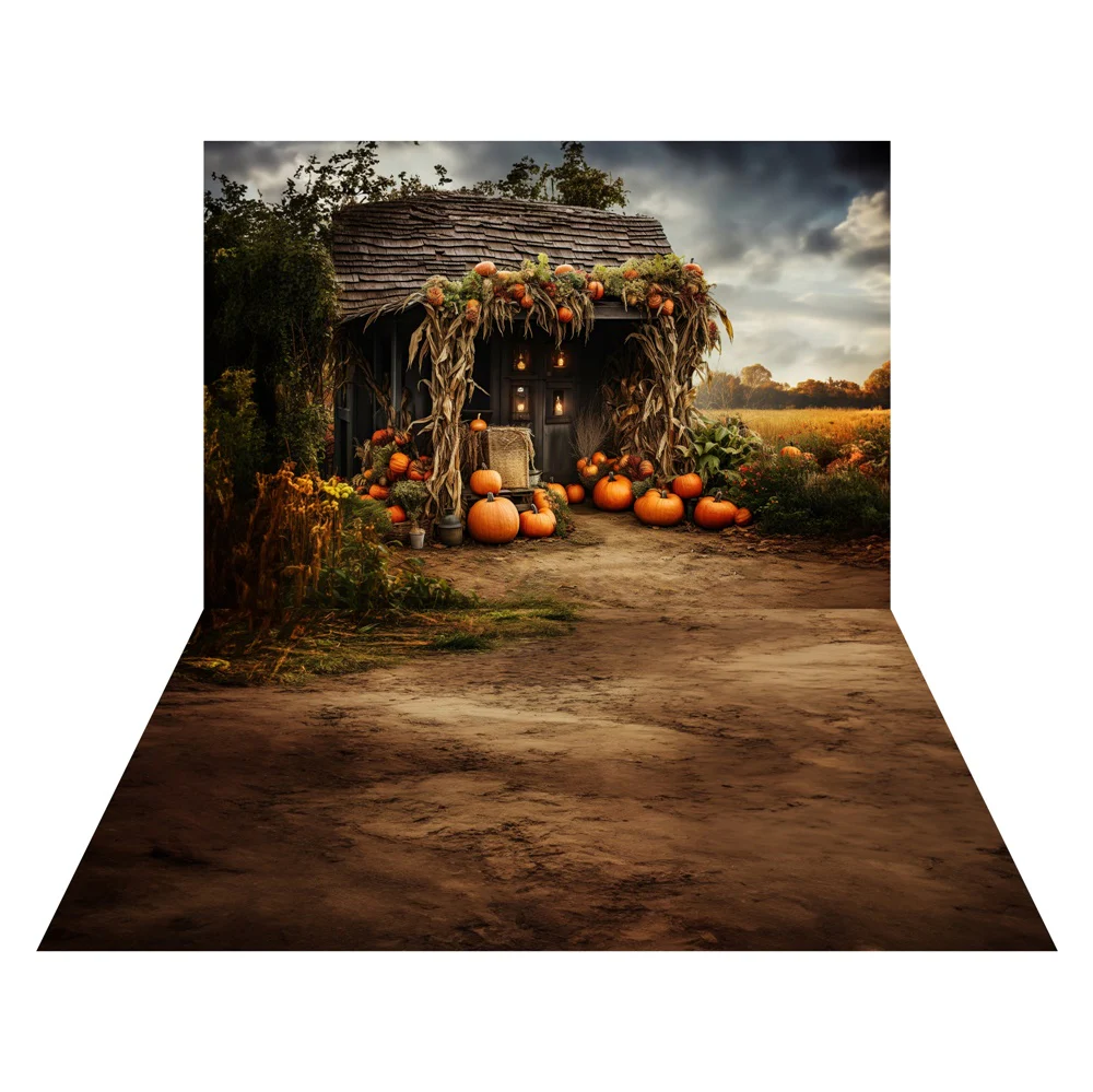 Kate Autumn Field Pumpkin Old House Backdrop+Soil Floor Backdrop - Image 2
