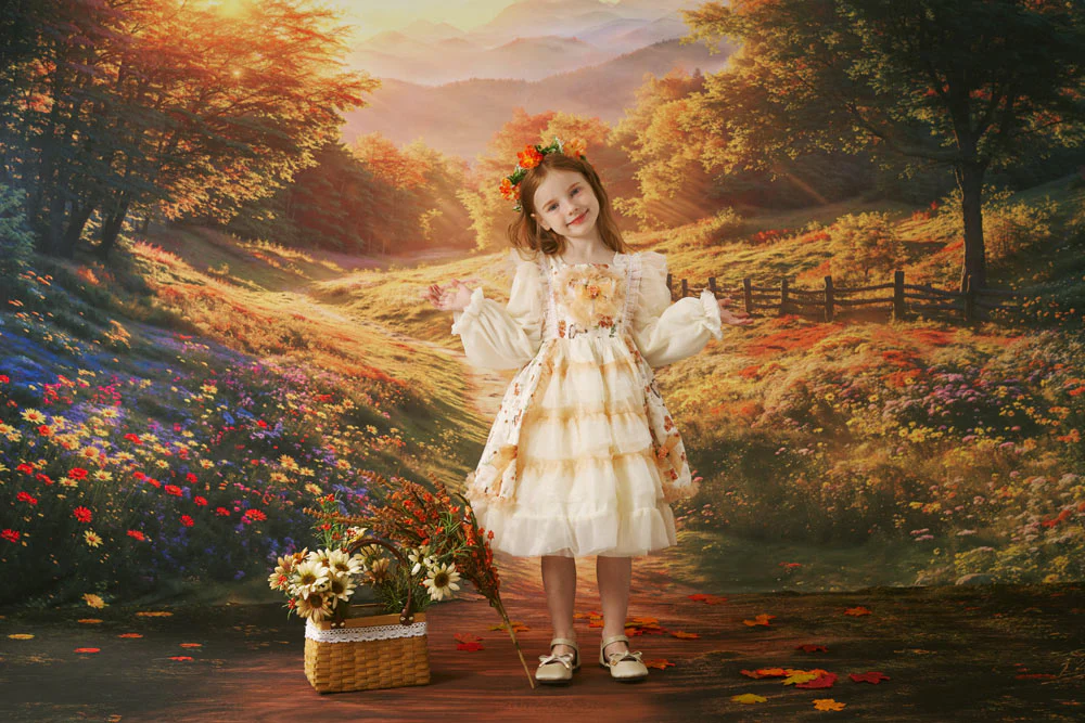 Kate Autumn Forest Pathway Sunset Backdrop+Flower Path Floor Backdrop