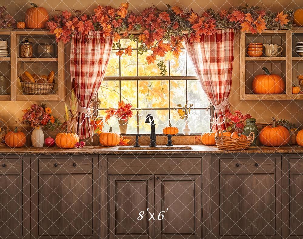 Kate Autumn Kitchen Window Pumpkins Fleece Backdrop Designed by Emetselch