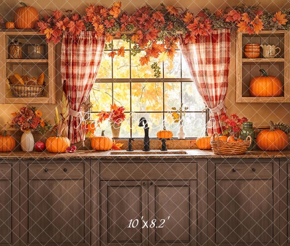 Kate Autumn Kitchen Window Pumpkins Fleece Backdrop Designed by Emetselch - Image 3