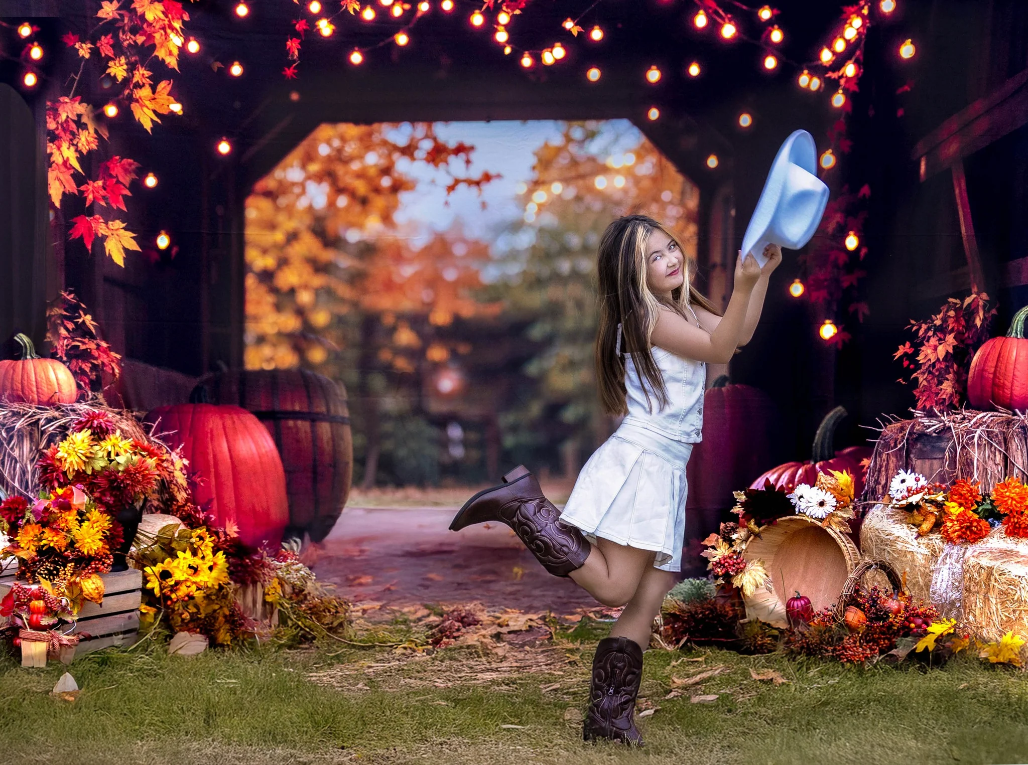 Kate Autumn Leaves Pumpkin Barn Lights Backdrop Designed by Emetselch