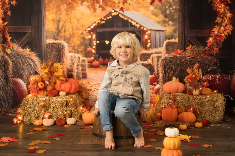 Kate Autumn Maple Leaf Barn Pumpkin Straw Backdrop Designed by Emetselch