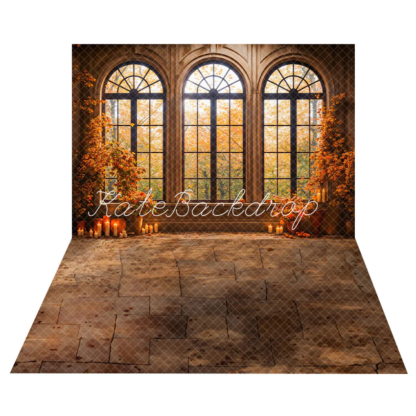 Kate Autumn Maple Leaves Window Backdrop+Dark Brown Stone Floor Backdrop