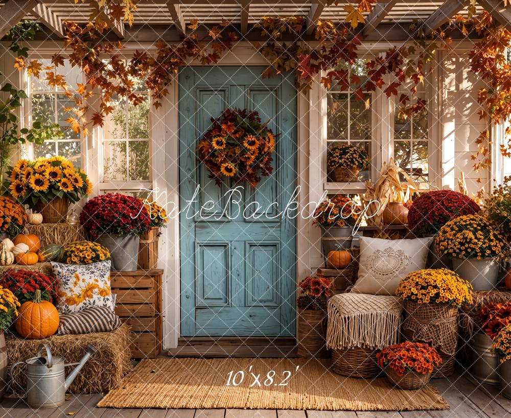 Kate Autumn Porch Pumpkins Hay Bales Backdrop Designed by Emetselch - Image 6