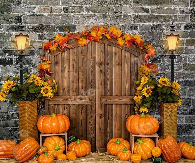 Kate Autumn Pumpkin Brick Barn Door Backdrop Designed by Emetselch - Image 6