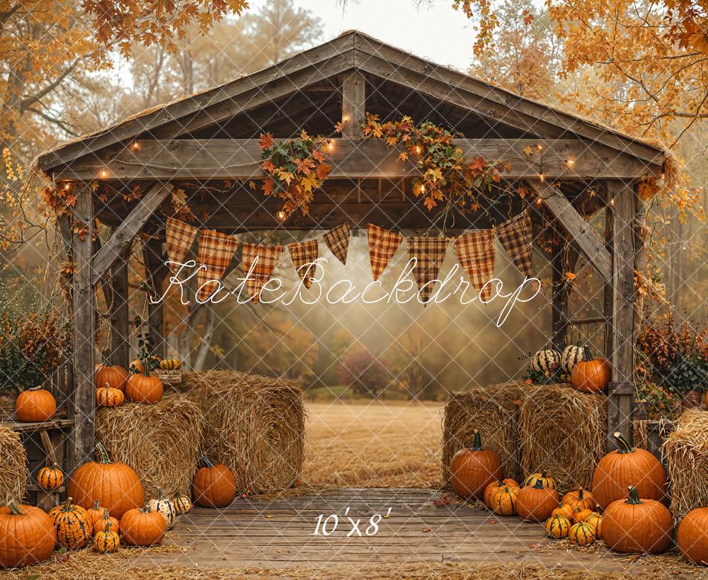 Kate Autumn Pumpkin Hay Bales Barn Fleece Backdrop Designed by Emetselch - Image 4