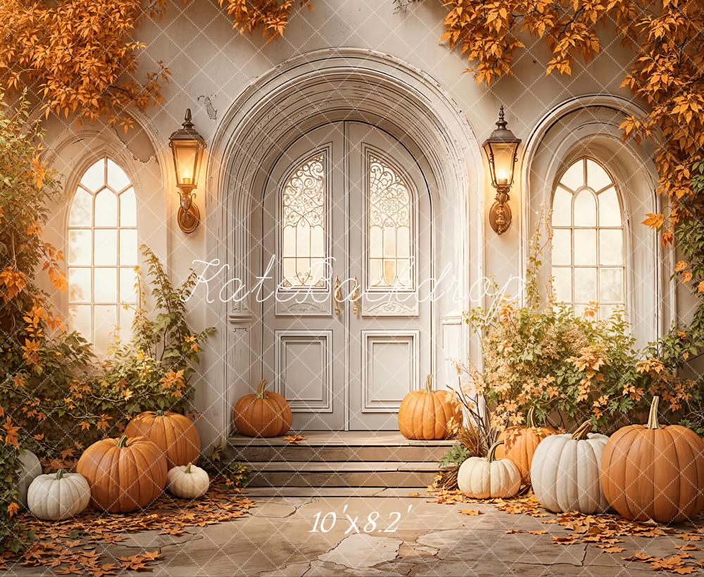Kate Autumn Pumpkins Arched Door Lanterns Fleece Backdrop Designed by Emetselch - Image 3