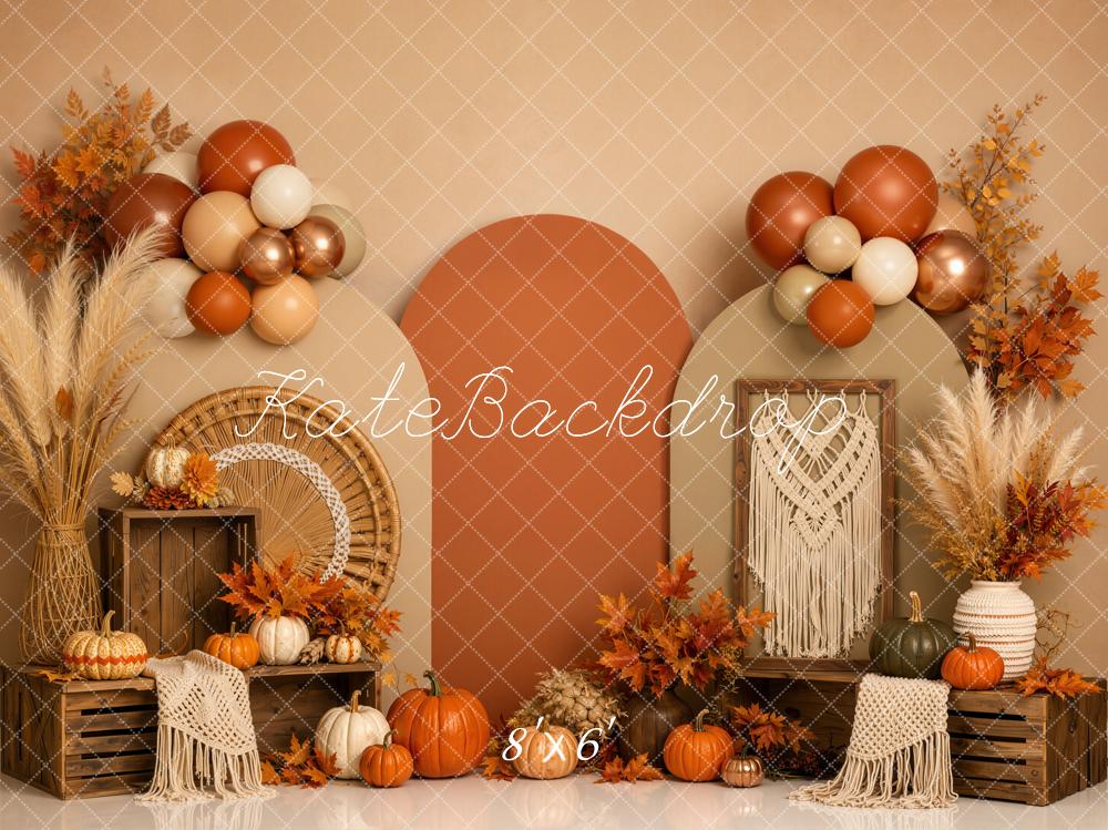 Kate Autumn Pumpkins Balloons Boho Arches Fleece Backdrop Designed by Emetselch