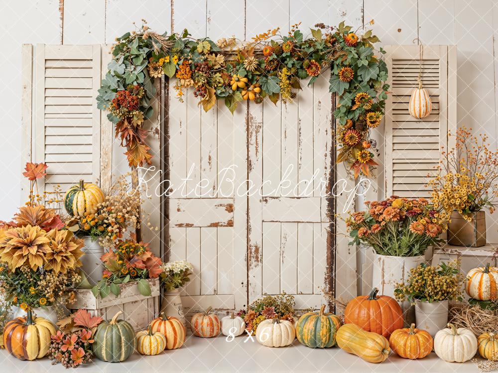 Kate Autumn Pumpkins Floral Shutter Door Fleece Backdrop Designed by Emetselch