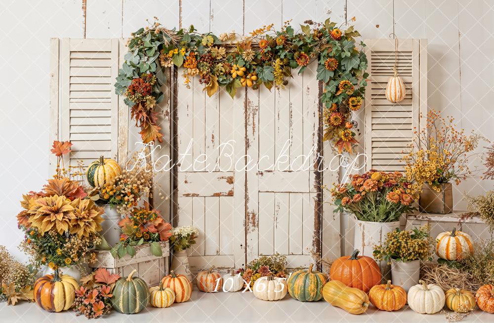 Kate Autumn Pumpkins Floral Shutter Door Fleece Backdrop Designed by Emetselch - Image 2