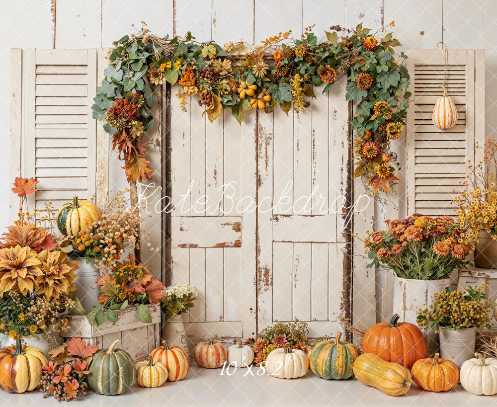 Kate Autumn Pumpkins Floral Shutter Door Fleece Backdrop Designed by Emetselch - Image 3