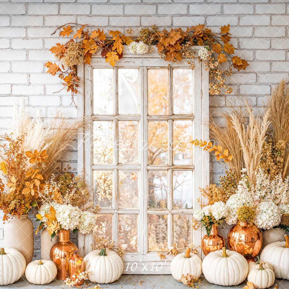 Kate Autumn Pumpkins Floral Window Brick Backdrop Designed by Emetselch - Image 7
