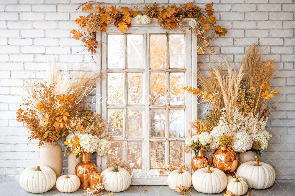 Kate Autumn Pumpkins Floral Window Brick Backdrop Designed by Emetselch - Image 8