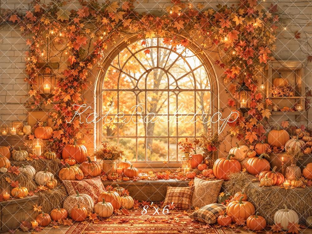Kate Autumn Pumpkins Hay Bales Window Fleece Backdrop Designed by Emetselch