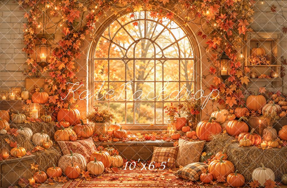 Kate Autumn Pumpkins Hay Bales Window Fleece Backdrop Designed by Emetselch - Image 2