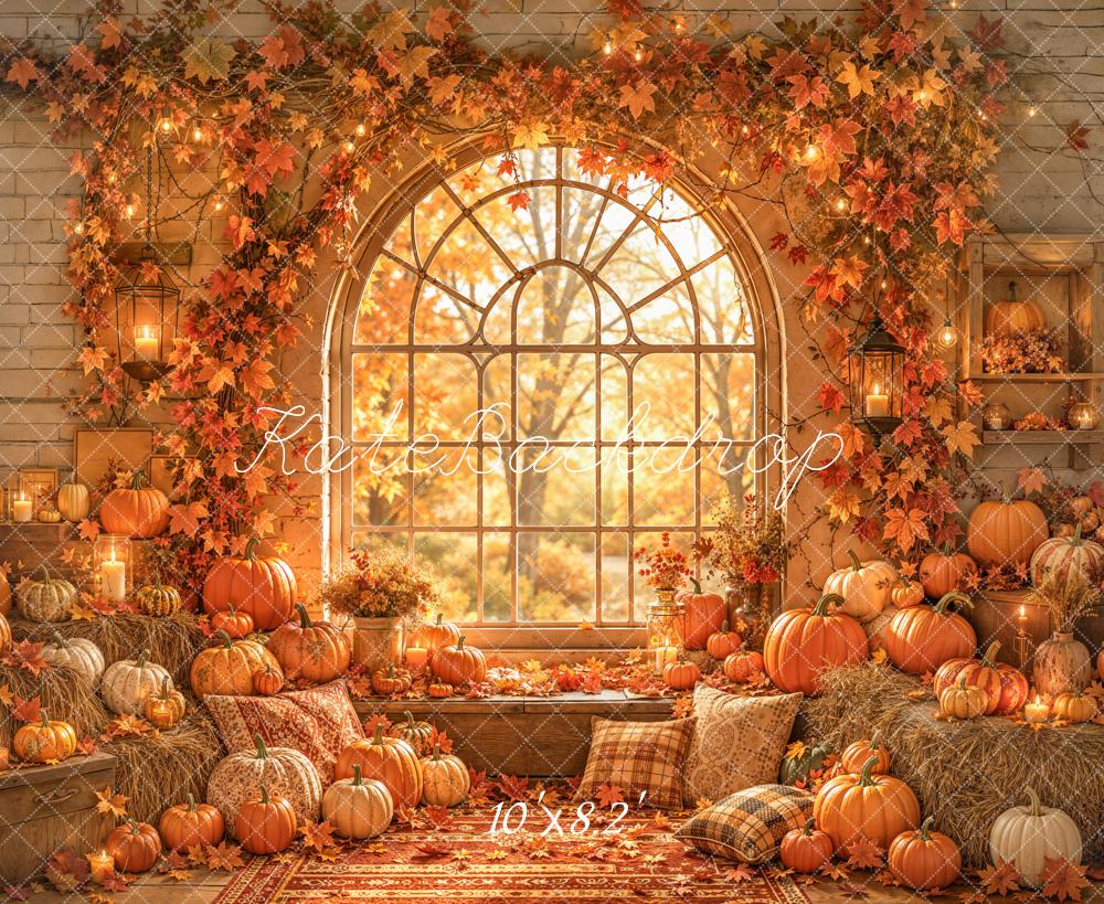 Kate Autumn Pumpkins Hay Bales Window Fleece Backdrop Designed by Emetselch - Image 3