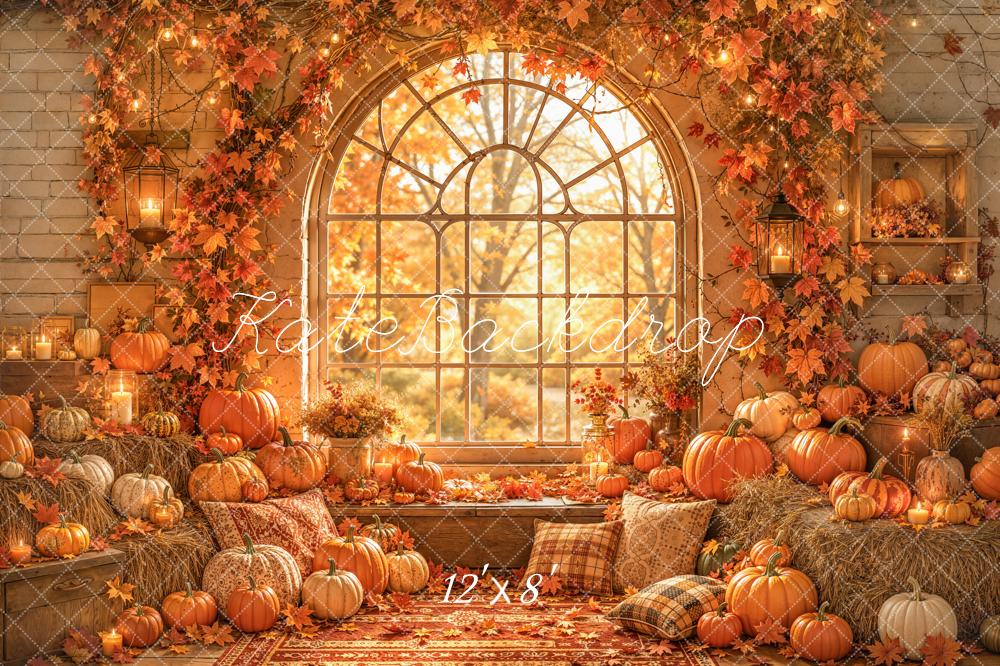 Kate Autumn Pumpkins Hay Bales Window Fleece Backdrop Designed by Emetselch - Image 4