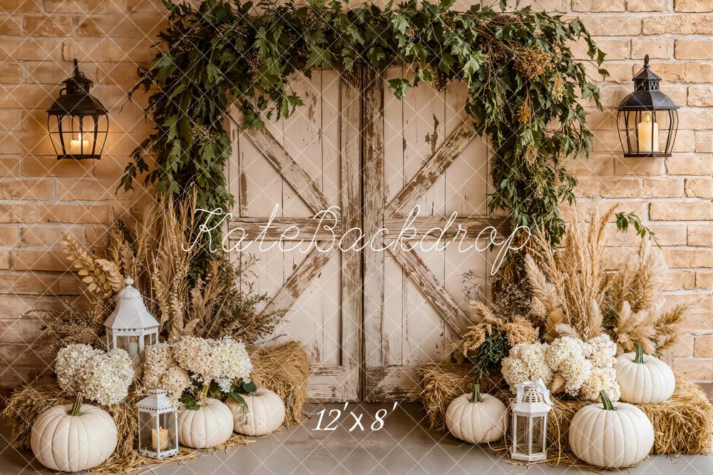 Kate Autumn Pumpkins Hay Barn Door Fleece Backdrop Designed by Emetselch - Image 4