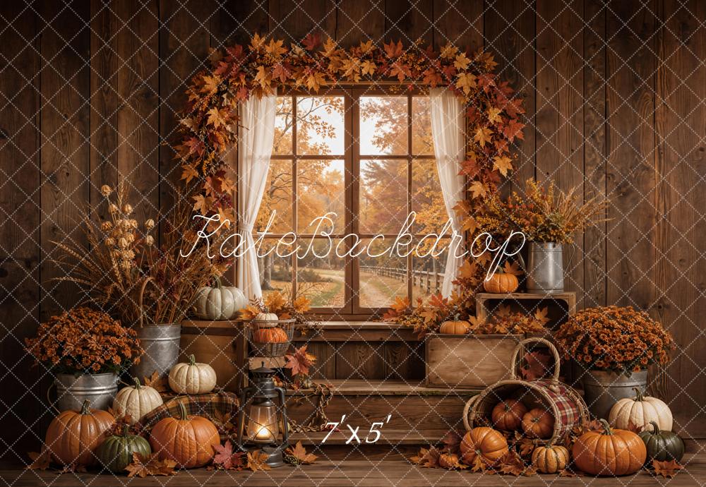 Kate Autumn Pumpkins Leaves Rustic Window Backdrop Designed by Emetselch