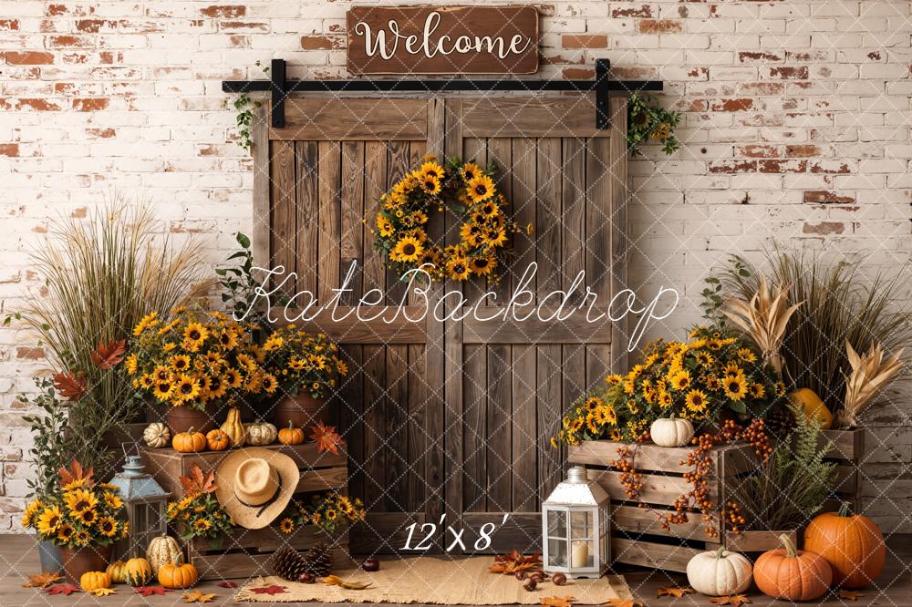 Kate Autumn Pumpkins Sunflowers Wooden Door Fleece Backdrop Designed by Emetselch - Image 4