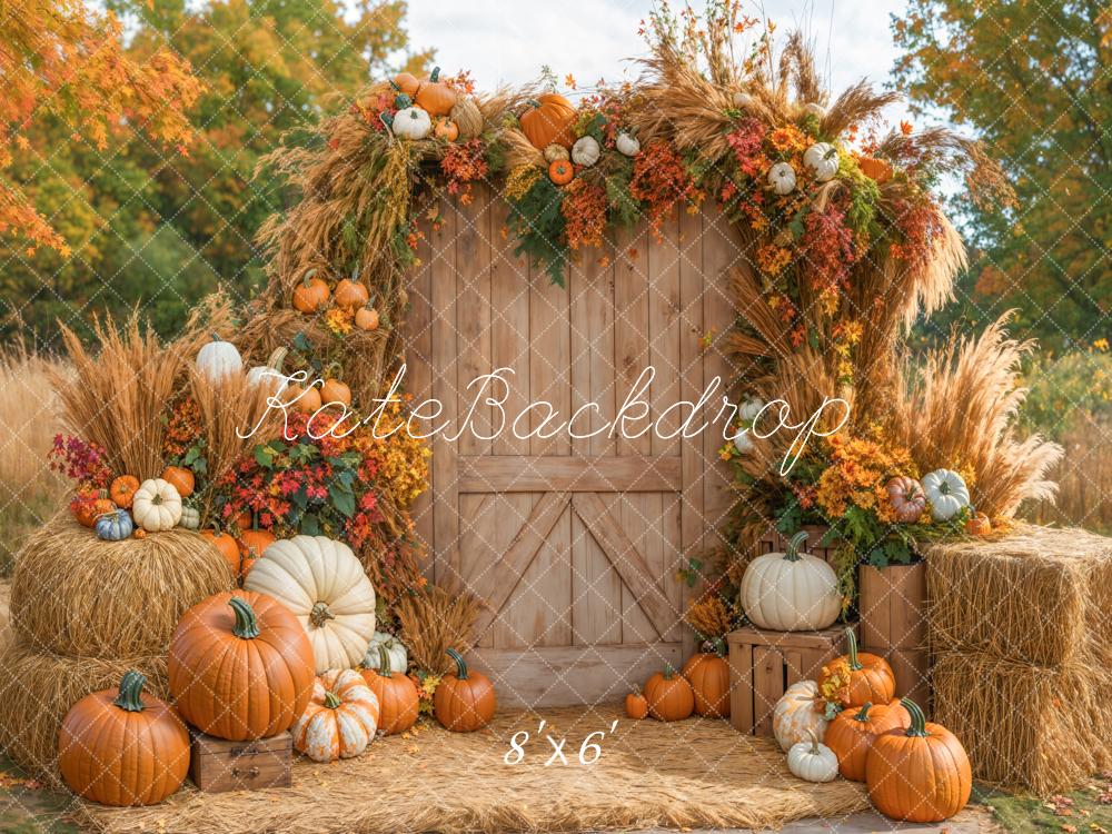Kate Autumn Pumpkins Wooden Door Fleece Backdrop Designed by Emetselch - Image 3