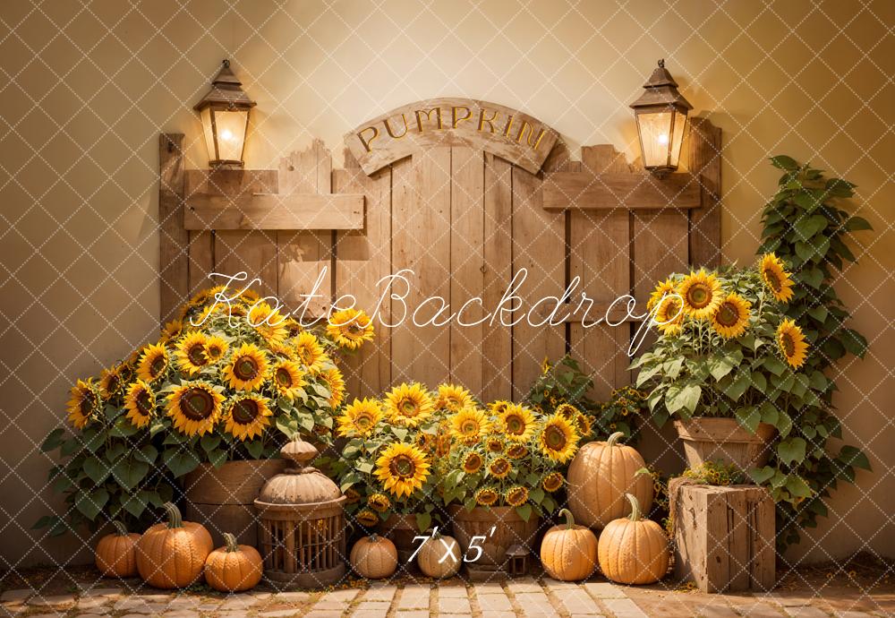 Kate Autumn Sunflower Pumpkin Barn Door Backdrop Designed by Emetselch